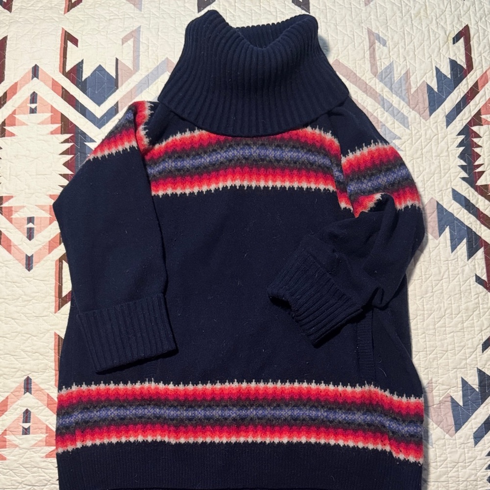 GAP Navy Turtleneck Sweater with Red Pink Purple Stripe Yoke